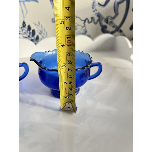 Vintage L.E.Smith Cream & Sugar Set Mount Pleasant Cobalt Blue Glass 1930-40s - Picture 7 of 10